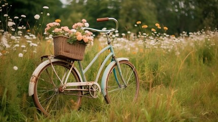 Vintage bicycle with basket full of flowers standing in field Generative AI