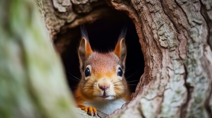 Naklejka na ściany i meble Curious red squirrel peeking behind the tree trunk Generative AI