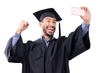 Isolated graduate man, selfie and university event with smile, photography and transparent png background. Young college student, graduation and profile picture for post update on social network app