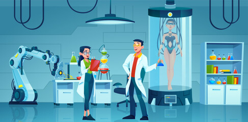 Vector of a science laboratory and an excited man researcher with lab flask, robotic hand, capsule for experiments