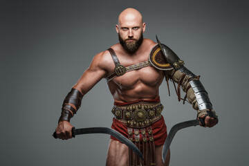 Bald and bearded gladiator poses standing tall with two swords while wearing light armor. This fearsome and imposing warrior emanates power and strength against a neutral gray background
