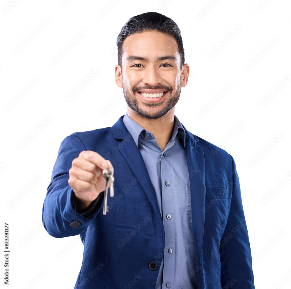 Poster portrait, smile and keys with a realtor man isolated on a transparent background for real estate. fu