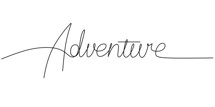 One continuous line drawing typography line art of adventure word writing isolated on white background.