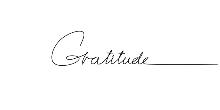 One continuous line drawing typography line art of gratitude word writing isolated on white background.