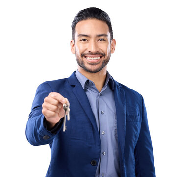 Portrait, smile and keys with a realtor man isolated on a transparent background for real estate. Future, property and investment with a happy male salesman or agent on PNG for a home mortgage