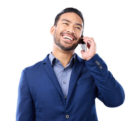 Business man, phone call and laughing for communication, connection or conversation. Happy asian...