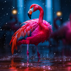 Beautiful majestic Rainbow flamingo in urban background with city lights. AI generated