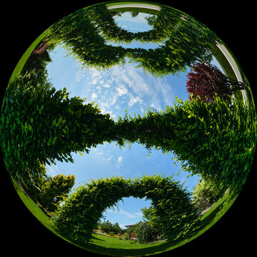 Circular view of green garden arches on a summer sunny day. The photo was taken through a wide-angle fisheye lens in fulldome format