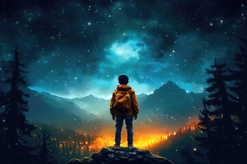Fototapeta na wymiar The view from the back is of a boy with backpack looking up at a beautiful starry night sky with lots of bright flashes. A creative concept of imagination, a child's dream. Generative AI illustration.