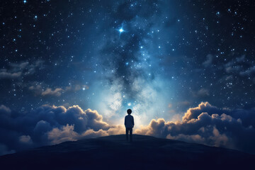 The view from the back is of a boy looking up at a beautiful starry night sky with lots of bright flashes. A creative idea of imagination, a child's dream. Generative AI illustration.
