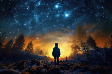 Fototapeta premium The view from the back is of a boy looking up at a beautiful starry night sky with lots of bright flashes. A creative composition of imagination, a child's dream. Generative AI illustration.