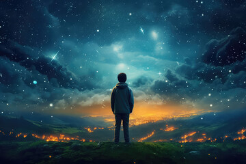 The view from the back is of boy looking up at a beautiful starry night sky with lots of bright flashes. A creative concept of imagination, a child's dream. Generative AI illustration.