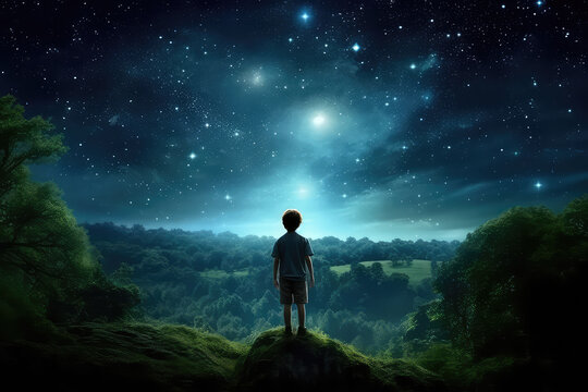 View from the back is of a boy looking up at a beautiful starry night sky with lots of bright flashes. A creative concept of imagination, a child's dream. Generative AI illustration.