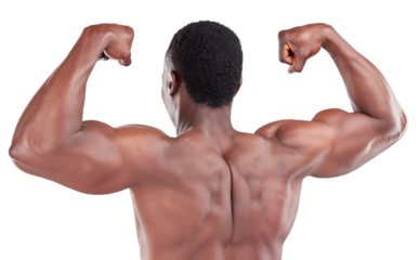 Fitness, muscle and flex with back of black man on transparent background for workout, strong and health. Exercises, training and bodybuilder with person isolated on png for challenge and wellness