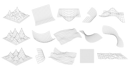 3D Glitch rectangle plane set. Distorted perspective grid collection. Abstract Wavy futuristic design elements. Ripple wireframes net. Vector geometric line mesh, square structure grid