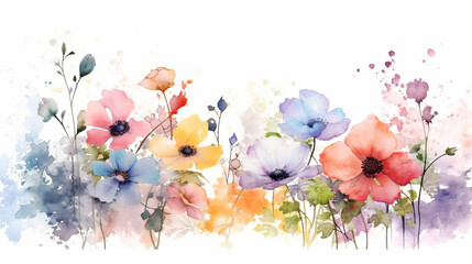 Obraz na płótnie Canvas Watercolor illustration of pastel summer flowers in wide border on a white background created with Generative AI technology