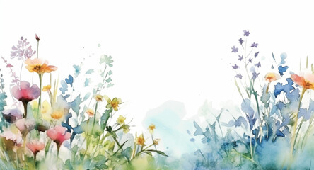 Watercolor illustration of pastel summer flowers in wide border on a white background created with Generative AI technology