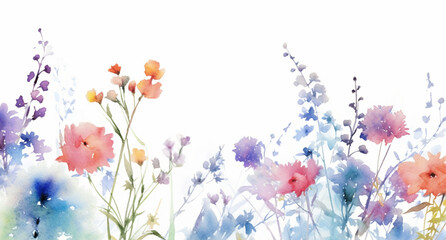Watercolor illustration of pastel summer flowers in wide border on a white background created with Generative AI technology