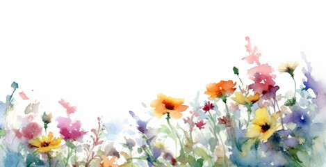 Fototapeta na wymiar Watercolor illustration of pastel summer flowers in wide border on a white background created with Generative AI technology