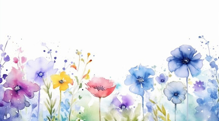 Watercolor illustration of pastel summer flowers in wide border on a white background created with Generative AI technology