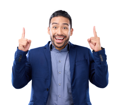 Excited man, portrait and pointing up for business isolated on a transparent png background. Asian person, hand gesture and point to marketing, advertising or commercial branding, promotion and happy