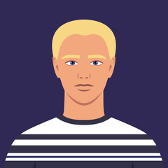 Young man with short blonde hair in a striped sweater. Portrait of an abstract guy. Full face abstract male avatar in flat style