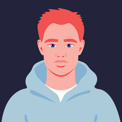 Fototapeta premium Young redhead man in a blue hoodie. Portrait of an abstract guy. Full face abstract male avatar in flat style