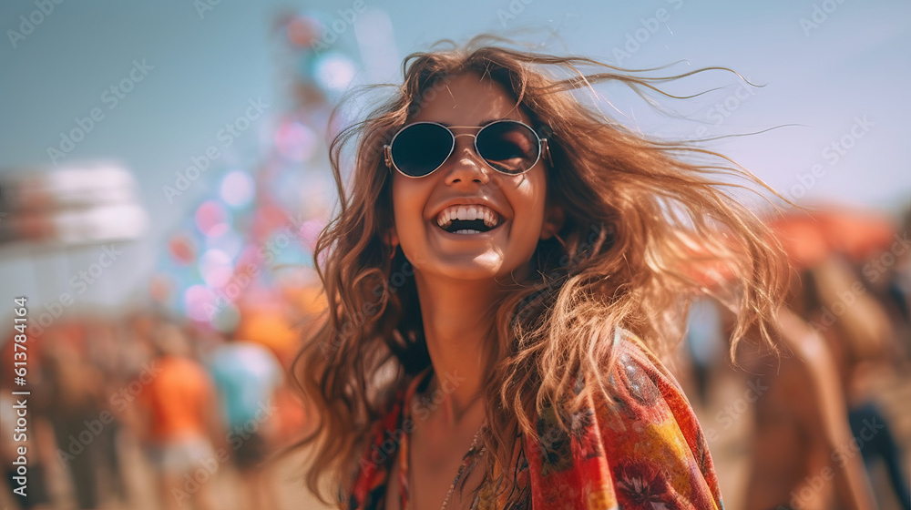 Wall mural Portrait of a young woman having fun at a summer music festival concert