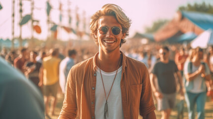 Fototapeta premium Portrait of a young man having fun at a summer music festival concert