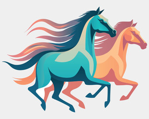 Two horses running, waving their colorful manes