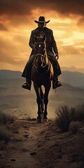 Western Cowboy Gunslinger on Horse with Hat on Dark Sunset Background. Generative ai