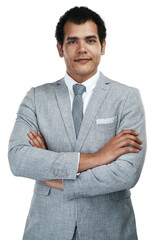 Portrait, lawyer and business man with arms crossed isolated on a transparent png background. Serious face, professional attorney or confident person from Brazil with pride for career, job or success