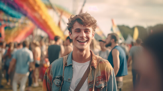 Portrait of a young man having fun at a summer music festival concert