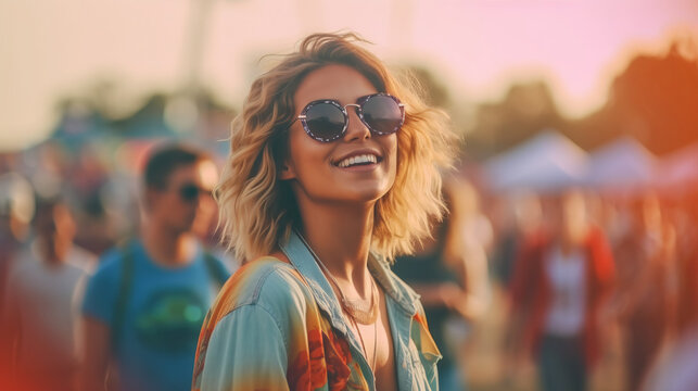 Portrait of a young woman having fun at a summer music festival concert