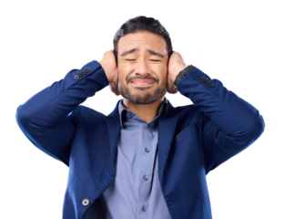 Stress, anxiety and fear with a business man isolated on a transparent background to cover his ears. Mental health, burnout or frustration with a young male employee blocking sound or noise on PNG