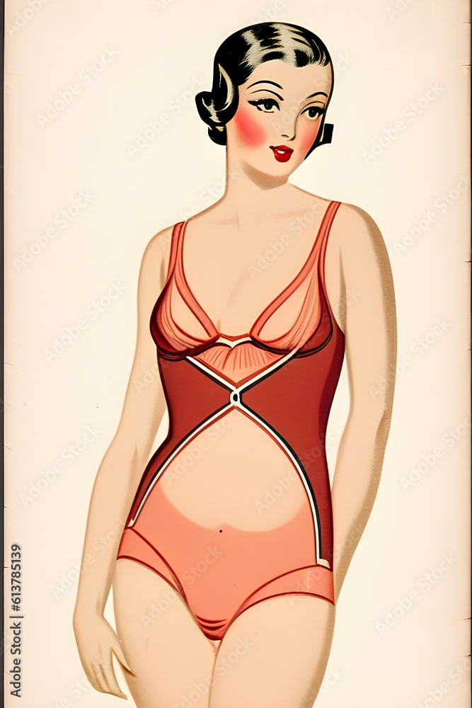 Wall mural a painting of a vintage 1930s woman in underwear. a page out of a catalogue. (ai-generated fictional