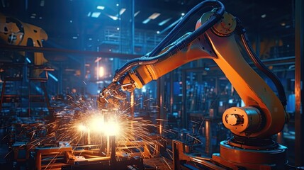 Industrial welding robot arm working on production line Advanced Robotic Automation in Industrial Production Lines: Smart Factory Technology and Smart Manufacturing Processes