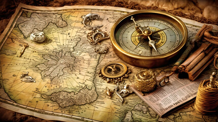 Fototapeta na wymiar compass and treasure map fantasy world