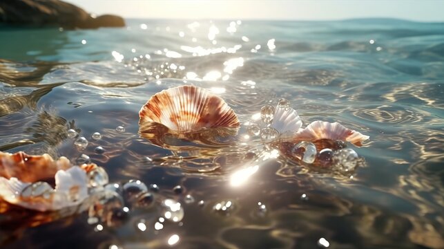 The pearls in the mussel shells on the sea floor glow softly,AI generated.