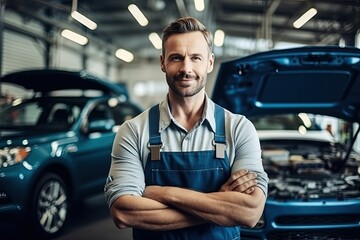 Handsome mechanic in uniform in auto repair shop