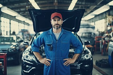 Obraz premium Handsome mechanic in uniform in auto repair shop
