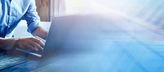 Business Intelligence banner background, businessman using  internet on laptop computer, innovation digital technology, data science and digital marketing, blue tone.