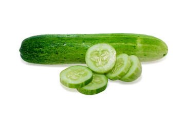 Cucumber and slices isolated on white background.