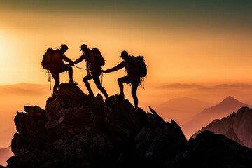 teamwork Help and assistance concept. Silhouettes of people climbing on mountain and helping