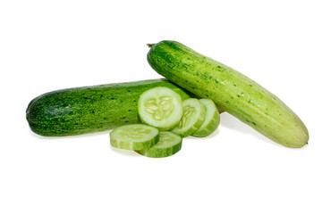 Cucumber and slices isolated on white background.