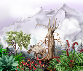 Hand drawn painting of wild nature and mountains - 613786373