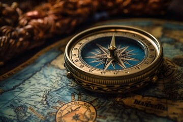 Vintage Compass Lying on an Old Map. Generative ai