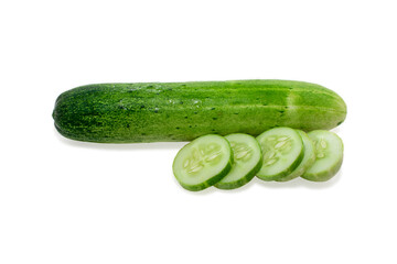 Cucumber and slices isolated on white background.