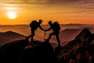 teamwork Help and assistance concept. Silhouettes of people climbing on mountain and helping