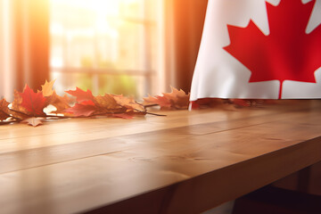 Wood table with Canada Flag background. Canada Day concept. Generative AI